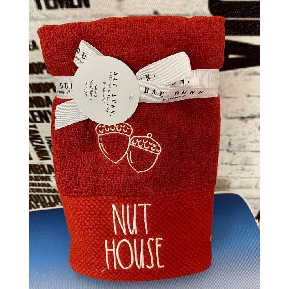 Rae Dunn 2 Pk Embroidered Burnt Orange Acorn Nut House Graphic Hand Towels